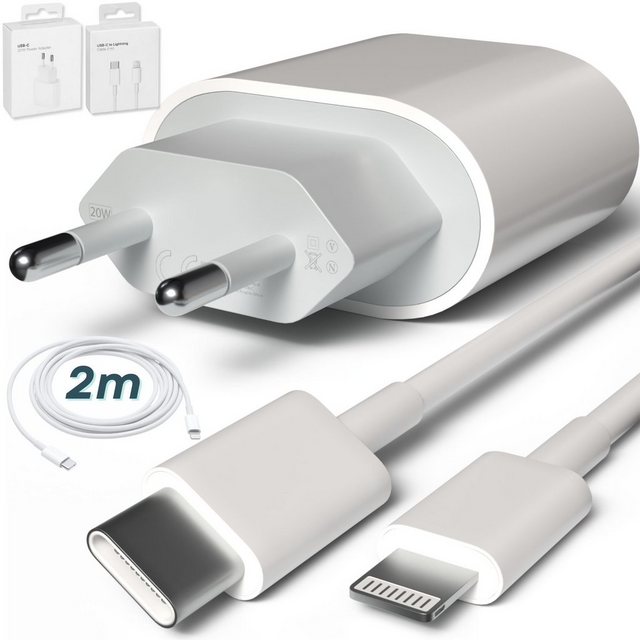 GreenHec Ladegerät Power Adapter + Ladekabel für Apple iPhone 14 13 12 11 SE USB-Ladegerät (20W 2m Lightning Datenkabel, Schnellladekabel, Charger, Netzteil)