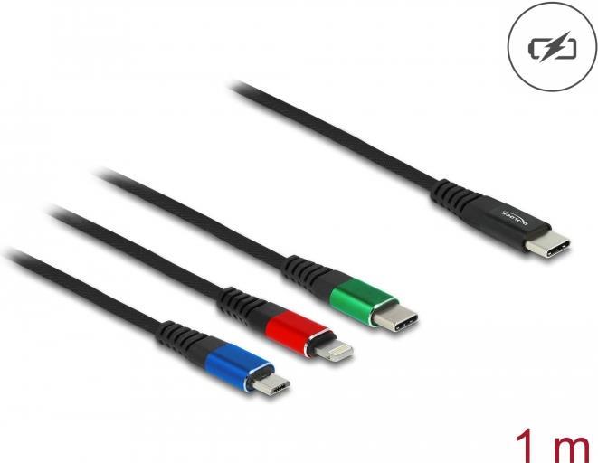 Delock 7,60cm (3) 1 - Kabel nur zum Laden - USB-C männlich zu Micro-USB Typ B, Lightning, USB-C männlich - 1,0m - Schwarz - für Apple 10.2 iPad, 10.9 iPad Air, AirPods Max, AirPods Pro, iPhone 11, 12, 13, SE (86596)