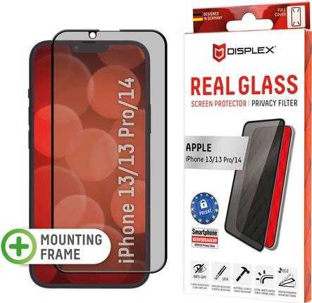 E.V.I. DISPLEX Real Glass – Bildschirmschutz für Handy – 3D – Glas – mit Sichtschutzfilter – 2-Wege – klebend – Rahmenfarbe schwarz – für Apple iPhone 13, 13 Pro, 14 (01706)