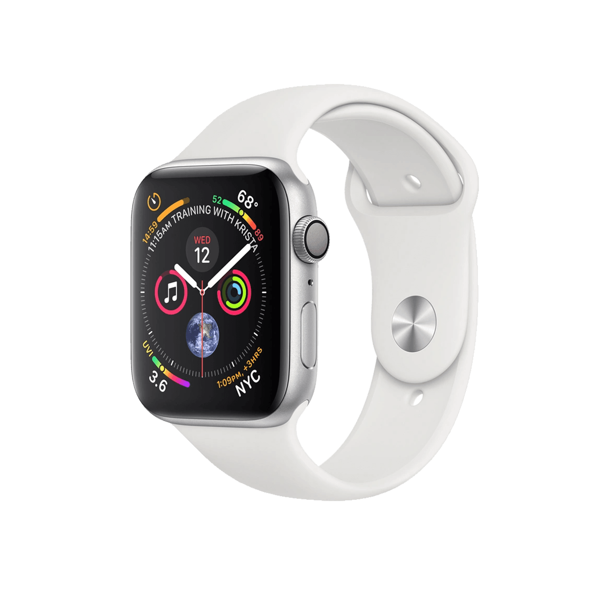 Refurbished Apple Watch Serie 4 | 44mm | Aluminium Silber | Weißes Sportarmband | GPS | WiFi + 4G A-grade