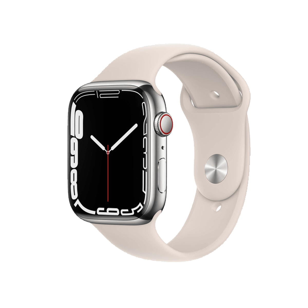 Refurbished Apple Watch Serie 7 | 45mm | Stainless Steel Silber | Starlight Weißes Sportarmband | GPS | WiFi + 4G A-grade