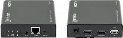 MANHATTAN 1080p HDMI KVM over IP Extender Set HDMI-Signalverlängerung mit 1080p@60Hz bis zu 120 m über ein Cat6-Netzwerkkabel oder IP-fähiges Netzwerk, USB-A-Ports für PC/Maus/Tastatur an Sender- und Empfängermodul, schwarz (207683) – Sonderposten