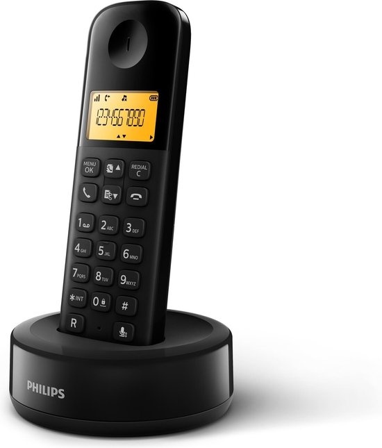 Philips D1601B/01- Schnurloses DECT-Telefon mit 1 Mobilteil, großem Display (4,1 cm) und Anrufer-ID – Schwarz