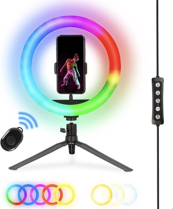 Nikkei RLIGHTXMINI Ringleuchte mit Stativ Stativ Smartphone – Ringleuchte – 10 Zoll – 99+ RGB Farben und Effekte – Fernbedienung – TikTok Selfie Lampe