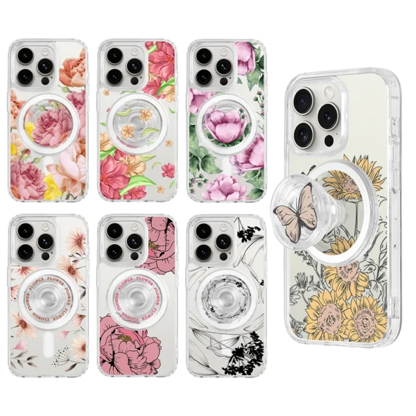 Flower Printing Pop Socket Magsafe Phone Case for Apple Accessories iPhone 15 14 13 Pro Max Girly Magnetic Customize Phone Cases