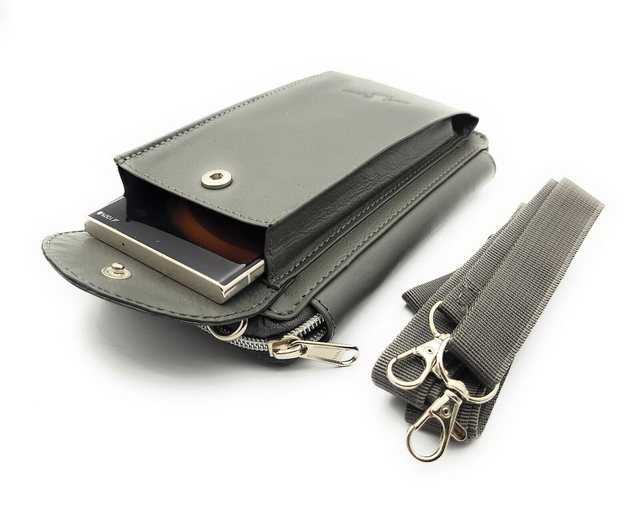 Lemasi Geldbörse echt Leder Portemonnaie, Smartphonetasche, Umhängetasche, abnehmbarer Schultergurt, auch für größere Smartphones, grau