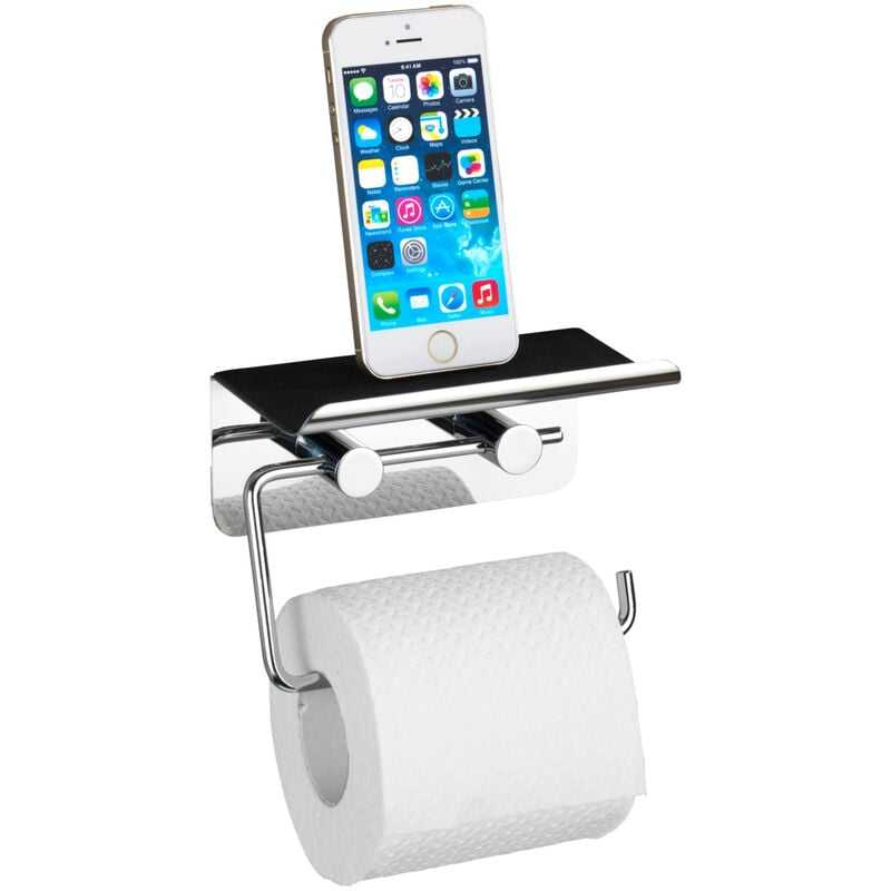 Wenko - Toilettenpapierhalter mit Smartphone-Ablage Edelstahl, rostfrei, Silber glänzend, Edelstahl rostfrei glänzend , Soft-Touch Kunststoff