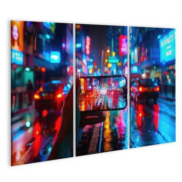 islandburner Leinwandbild Smartphone erfasst regnerischen Abend auf neonbeleuchteter Straße Heim