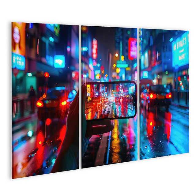 islandburner Leinwandbild Smartphone erfasst regnerischen Abend auf neonbeleuchteter Straße Heim