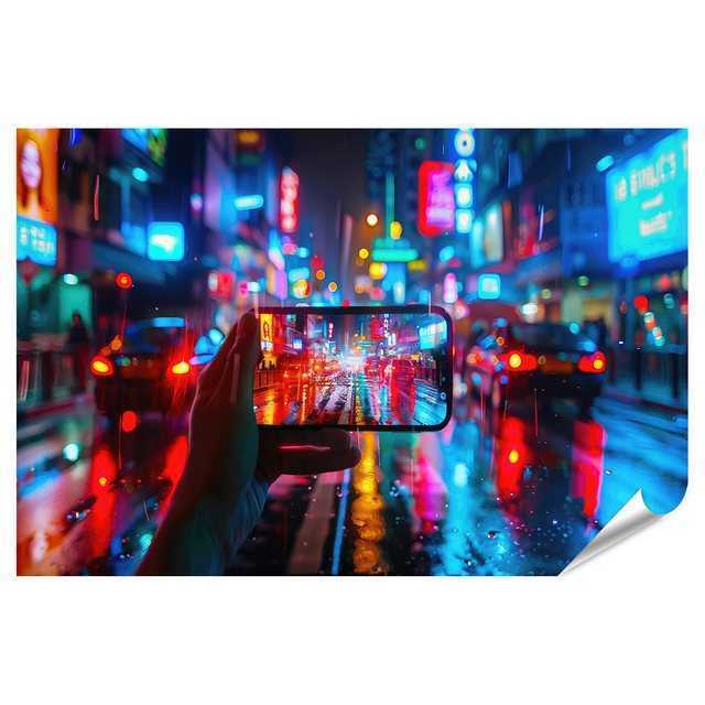 islandburner Poster Smartphone erfasst regnerischen Abend auf neonbeleuchteter Straße Heim