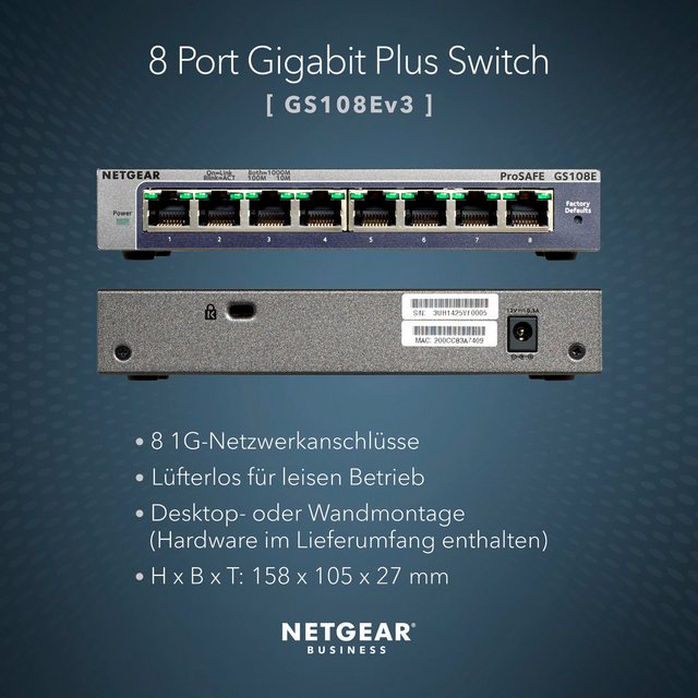 NETGEAR GS108E 8-Port Gigabit Ethernet Smart Managed Plus Netzwerk-Switch