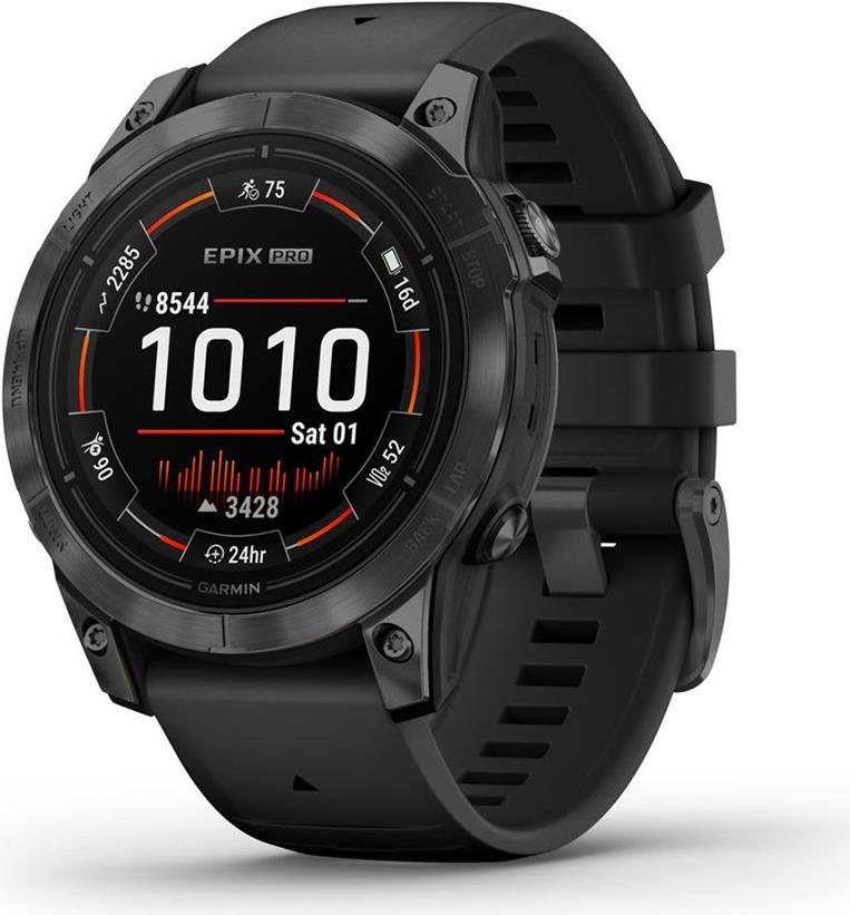 Garmin epix Pro – Standard Edition – 47 mm – slate gray fiber-reinforced polymer – intelligente Uhr mit Band – Silikon – schwarz – Handgelenkgröße: 125-208 mm – Anzeige 3.3 cm (1.3) – 32 GB – Bluetooth, Wi-Fi, ANT+ – 78 g