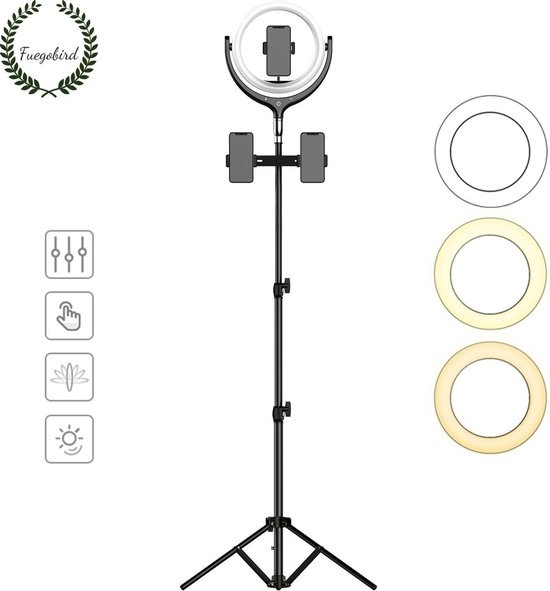 Fuegobird LED Ringlampe mit Stativ inkl. Handyhalterung – 30 cm – 200 cm hoch (verstellbar) – USB – TikTok – Ringlicht – Blitzlicht – Ringlampe – Vlog – Make-up Licht – Studioleuchte (Schwarz)