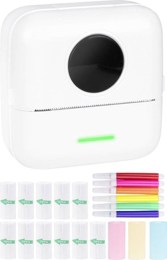 Nuvance – Mini-Drucker für das Handy – inkl. 6 Papierrollen, 5 Stickerrollen, 3 Farbrollen und Farbstiften – mobiler Taschendrucker – ohne Tinte – kabellos – weiß