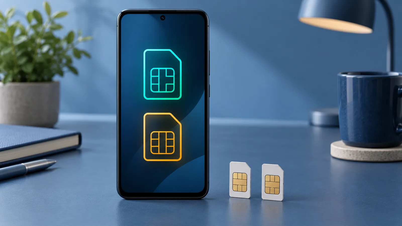 Smartphone mit zwei unterschiedlich gefärbten SIM-Symbolen neben zwei neutralen SIM-Karten
