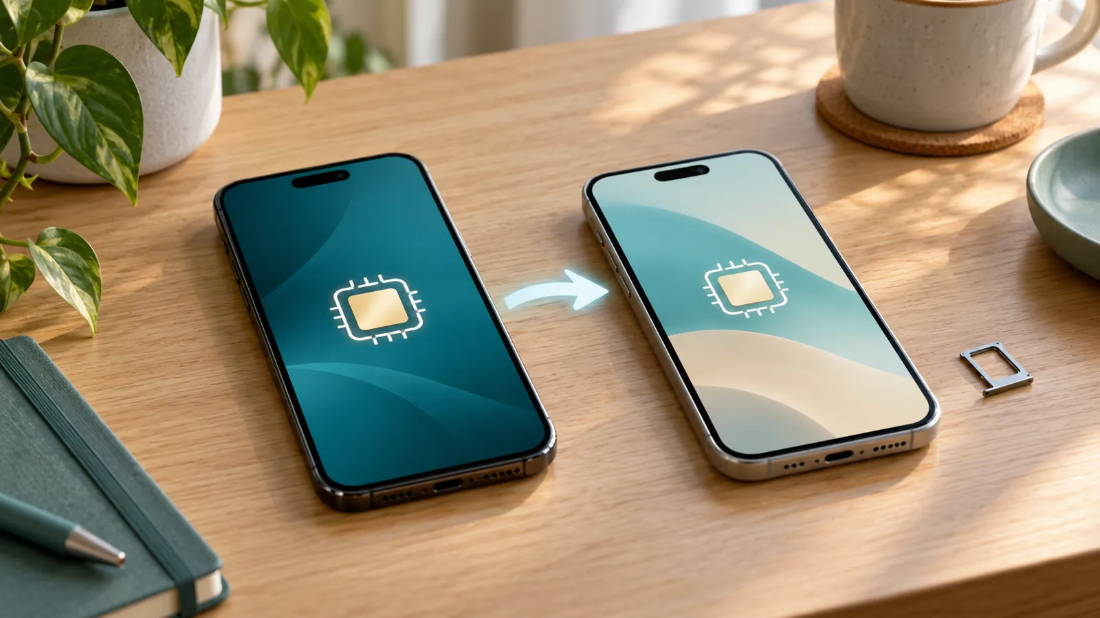 Zwei Smartphones mit symbolischen Chip-Symbolen und einem Übertragungspfeil auf einem Schreibtisch